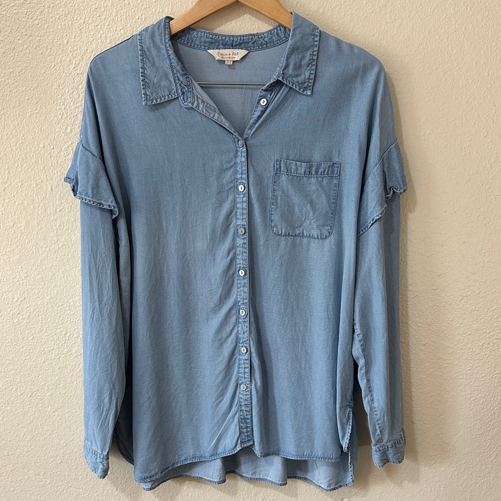 F&F Light Blue Chambray Button Down Long Sleeve Shirt